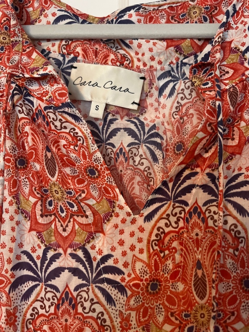 Cara Cara floral paisley tasseled boho cotton 3/4 sleeve mini dress sz S - Picture 3 of 6